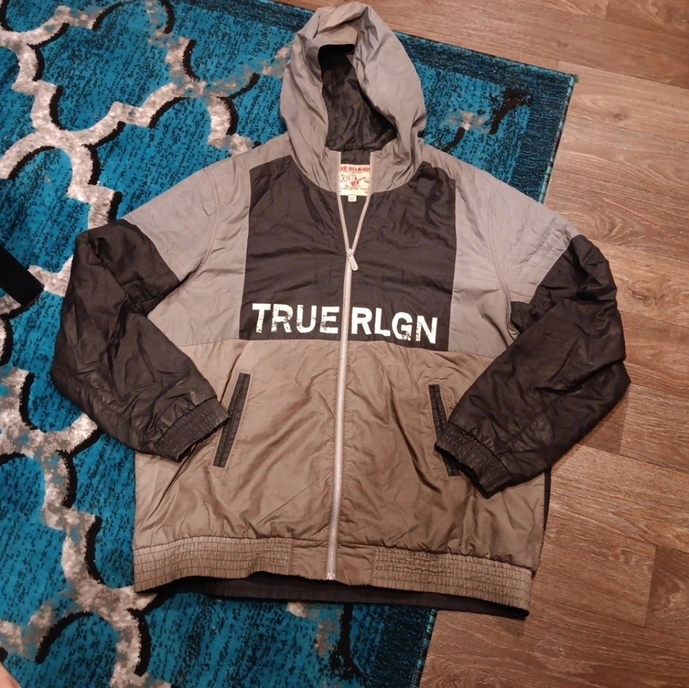 True Religion Jacket Windbreaker Hooded Black Grey Men’s 3XL - Picture 2 of 4